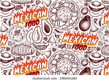 Dibujo del patrón de comida mexicana con nachos, chile picante, guacamole, aguacate, salsa salsa, chips de maíz aislados en fondo blanco. Esbozar aperitivos picantes. Fondo de pantalla del menú. Ilustración vectorial.