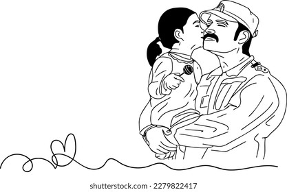 Dibujo de un militar demostrando bondad y humanidad abrazando a una niña - Dibujo vectorial, dibujo de la humanidad del ejército