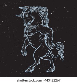 Sketch Drawing Of Minotaur. Night Sky Background.