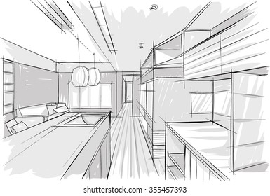Sketch drawing of modern interiors. Vector image. 