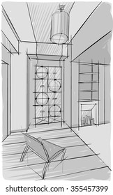 Sketch drawing of modern interiors. Vector image. 
