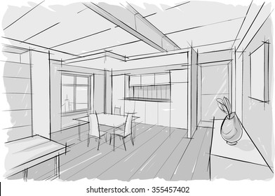 Sketch drawing of modern interiors. Vector image. 