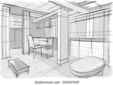 Sketch drawing of modern interiors. Vector image. 