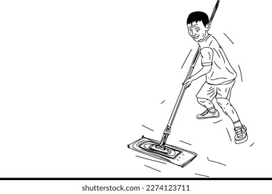 Sketch drawing of naughty kid boy doing cleaning floor with wiper at home, line art vector illustration of naughty boy holding cleaning wiper