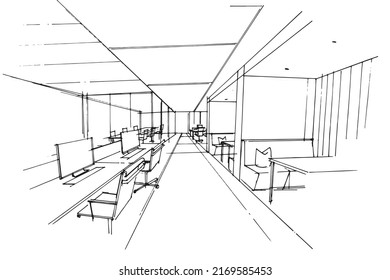 Sketch Drawing Office Work Area And A Space To Sit And Talk ,Modern Design,vector,2d Illustration