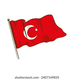 Sketch Drawing of the Official Flag of Turkey, isolated on white. Vector illustration.