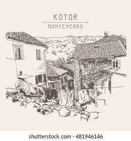 sketch drawing of old town view Kotor Montenegro, vintage touristic postcard, travel vector illustration
