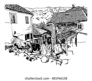 sketch drawing of old town view Kotor Montenegro, vintage touristic postcard, travel vector illustration
