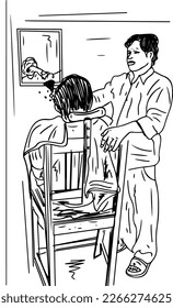 Sketch drawing of Old vintage barber doing shave in retro salon, line art illustration of old indian barber doing shave, Barber Shop retro drawing