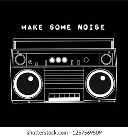 Sketch drawing of an old vintage cassette recorder. Logo on the theme of music. Vector illustration