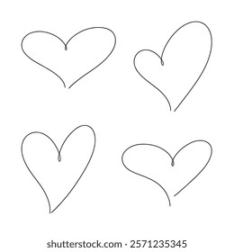 Sketch drawing with one continuous heart-shaped line, contour drawn manually, isolated on white, vector. Decorative holiday romantic element for Valentine's Day, wedding, recognition, decoration