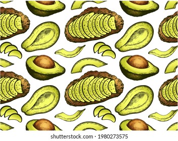 Dibujar el patrón de dibujo con tostada aguacate y aguacate en rodajas verdes aislado en fondo blanco. Esquema del fondo de pantalla de comida vegana para el menú de café. Vegetariano, fruta de la línea, verduras. Ilustración del vector