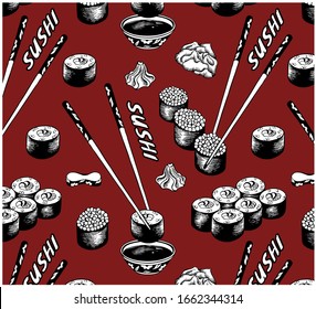 Sketch drawing pattern with black and white sushi on red background. Japanese, asian food wallpaper. Nigiri, nori, fish, chopstick, soy sauce, wasabi, rice, caviar, maki, salmon. Vector illustration.