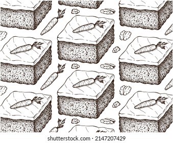 Sketch drawing pattern of Carrot cake isolated on white background. Hand drawn baked sweet dessert with carrot wallpaper. Whipped cream, walnut, pecan nuts . Line art food. Vector illustration.