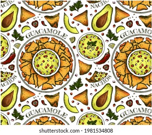 Sketch Drawing Pattern Of Colorful Avocado Slices, Guacamole, Nachos, Corn Chips, Chili Pepper. Mexican Food Wallpaper. Line Art Half Of Avocado With Seed, Outline Vegan Snack. Vector Illustration.