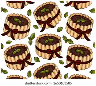 Sketch drawing pattern with colorful cake, red bow and mint isolated on white background. Italian dessert tiramisu, mascarpone, coffee, cocoa, savoiardi, chocolate. Vector illustration. wallpaper