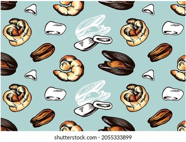 Sketch drawing pattern with colorful seafood isolated on blue background. Engraved hand drawn shrimp, prawn, clams, squid. Line art food wallpaper for cafe menu, snack packaging. Vector illustration.
