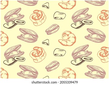 Sketch drawing pattern with colorful seafood, marine life background. Engraved hand drawn shrimp, prawn, clams, squid. Line art food wallpaper for cafe menu, snack packaging. Vector illustration.