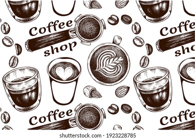 Sketch drawing pattern with cup of coffee,  mug , espresso, cappuccino, latte art, filter holder, portafilter, coffee beans, shop isolated on white background.Vintage, retro style. Vector illustration