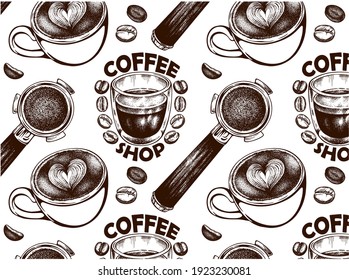 Sketch drawing pattern with cup of coffee,  mug , espresso, cappuccino, latte art, filter holder, portafilter, coffee beans, shop isolated on white background.Vintage, retro style. Vector illustration