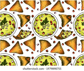 Sketch Drawing Pattern With Green Guacamole And Nachos Isolated On White Background. Avocado Sauce, Tomato, Onion, Corn Chips. Colorful Mexican Food Wallpaper For Cafe, Food Menu. Vector Illustration.