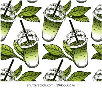 Sketch drawing pattern of iced matcha tea in cup takeaway with straw and dried green tea leaves isolated on white background. Asian drinks wallpaper for cafe, menu, bar. Botanical vector illustration