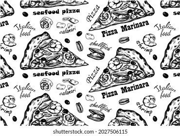 Skizzenzeichnung Muster der Pizza von Marinara einzeln auf weißem Hintergrund. Handgezeichnete Meeresfrüchte, Garnelen, Muscheln, Kalamari, Schalentiere, Oliven. Tapete für Pizzeria, Menü. Italienisches Essen. Vektorgrafik
