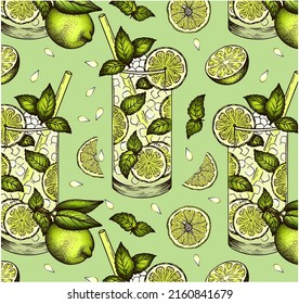 Sketch drawing pattern of Mojito cocktail in glass with fresh lime and mint leaf isolated on green background. Engraving alcohol citrus drink. Hand drawn Bar menu wallpaper. Retro vector illustration.