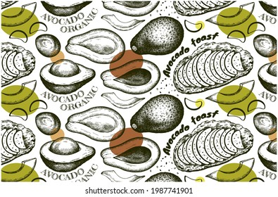 Sketch drawing pattern of organic avocado, outline avocado toast, sliced, avocado seed with colorful round stain isolated on white background. Line art vegan food, fruit wallpaper. Vector illustration