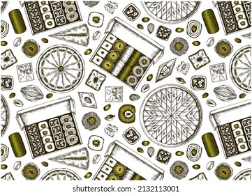 Sketch drawing pattern of oriental sweets with pistachio nuts isolated on white background. Turkish delight, baklava, lokum wallpaper for cafe menu. Outline box with arabic sweets. Vector illustration