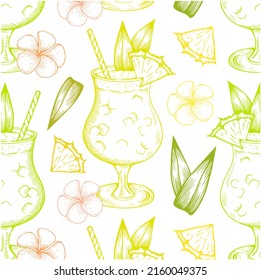 Sketch drawing pattern of Pina Colada cocktail on white background. Hand drawn alcohol drink, pineapple, coconut cream, rum, lime juice, tropical flower. Bar menu wallpaper. Retro vector illustration.