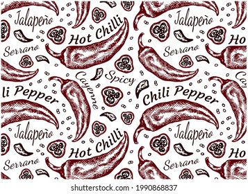 Dibujar el patrón de dibujo de pimientos de chile rojos aislados en fondo blanco. Esbozo de pimienta picante, papel tapiz de comida mexicana, cayenne, serrano, jalapeño, bocadillo vegetal orgánico. Ilustración del vector