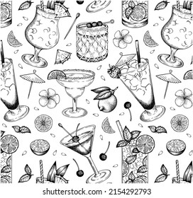 Sketch drawing pattern of Summer alcoholic cocktails isolated on white background. Engraved drink wallpaper. Mint, lemon, pineapple, lime, Pina Colada, Tequila Sunrise, Milkshake. Vector illustration.