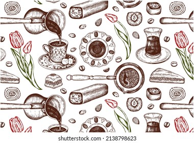 Sketch drawing pattern of sweet Turkish desserts, coffee and red tulips on white background. Line art pistachio baklava, engraved oriental sweets, menu, Turkish delight wallpaper. Vector illustration.