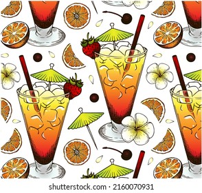 Sketch drawing pattern of Tequila Sunrise cocktail isolated on white background. Bar menu wallpaper. Hand drawn alcohol drink with orange juice, grenadine, cherry, strawberry. Vector illustration.