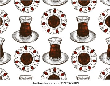 Sketch drawing pattern of traditional Turkish hot black tea in glass cup isolated on transparent background. Engraved Arabian brewed drink wallpaper. Tulip shape mug, pot. Vintage vector illustration. svg