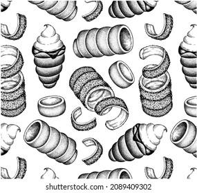 Sketch drawing pattern of trdelnik on white background. Hand drawn chimney cake, trdlo, kurtos, kürtőskalács, ice cream, chocolate, cream, pistachio. Czech sweet baked food. Vector illustration.