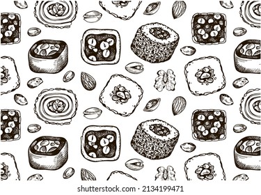 Sketch drawing pattern of Turkish delight on white background. Engraved jelly dessert, pistachio nut, chocolate, peanut, hazelnut. Line art rahat lokum. Outline Arabian sweet food. Vector illustration