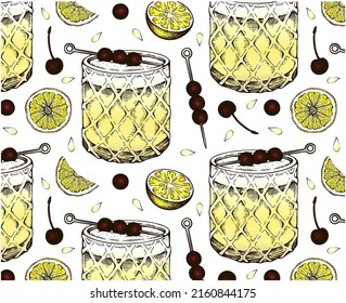 Sketch drawing pattern of Whiskey Sour cocktail isolated on white background. Engraved alcohol drink in glass, yellow lemon, red brandied cherry, bourbon. Bar menu wallpaper. Vector illustration.