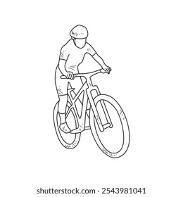 Desenho de esboço das pessoas usando bicicleta para esportes com fundo branco. Projeto de transporte terrestre em estilo de esboço simples. Ilustração do vetor do conceito do projeto do veículo do esporte preto e branco.