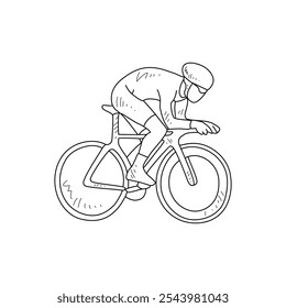 Desenho de esboço das pessoas usando bicicleta para esportes com fundo branco. Projeto de transporte terrestre em estilo de esboço simples. Ilustração do vetor do conceito do projeto do veículo do esporte preto e branco.