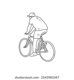 Desenho de esboço das pessoas usando bicicleta para esportes com fundo branco. Projeto de transporte terrestre em estilo de esboço simples. Ilustração do vetor do conceito do projeto do veículo do esporte preto e branco.