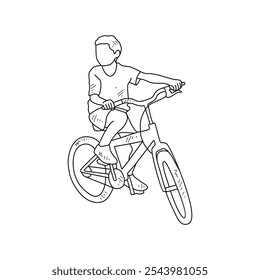 Desenho de esboço das pessoas usando bicicleta para esportes com fundo branco. Projeto de transporte terrestre em estilo de esboço simples. Ilustração do vetor do conceito do projeto do veículo do esporte preto e branco.