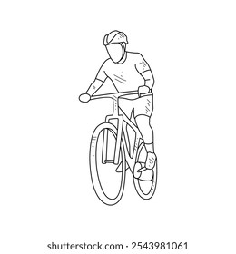 Desenho de esboço das pessoas usando bicicleta para esportes com fundo branco. Projeto de transporte terrestre em estilo de esboço simples. Ilustração do vetor do conceito do projeto do veículo do esporte preto e branco.