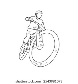 Desenho de esboço das pessoas usando bicicleta para esportes com fundo branco. Projeto de transporte terrestre em estilo de esboço simples. Ilustração do vetor do conceito do projeto do veículo do esporte preto e branco.