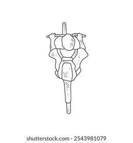 Desenho de esboço das pessoas usando bicicleta para esportes com fundo branco. Projeto de transporte terrestre em estilo de esboço simples. Ilustração do vetor do conceito do projeto do veículo do esporte preto e branco.