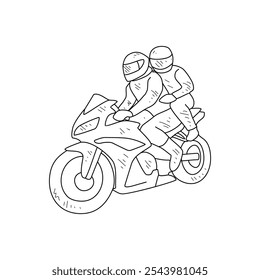 Sketch drawing of the people using motorcycle go to work with white background. Land transportation design in simple sketch style. Black and white vehicle design concept vector illustration.