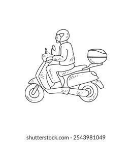 Sketch drawing of the people using motorcycle go to work with white background. Land transportation design in simple sketch style. Black and white vehicle design concept vector illustration.