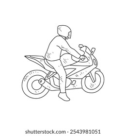 Sketch drawing of the people using motorcycle go to work with white background. Land transportation design in simple sketch style. Black and white vehicle design concept vector illustration.