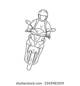 Sketch drawing of the people using motorcycle go to work with white background. Land transportation design in simple sketch style. Black and white vehicle design concept vector illustration.